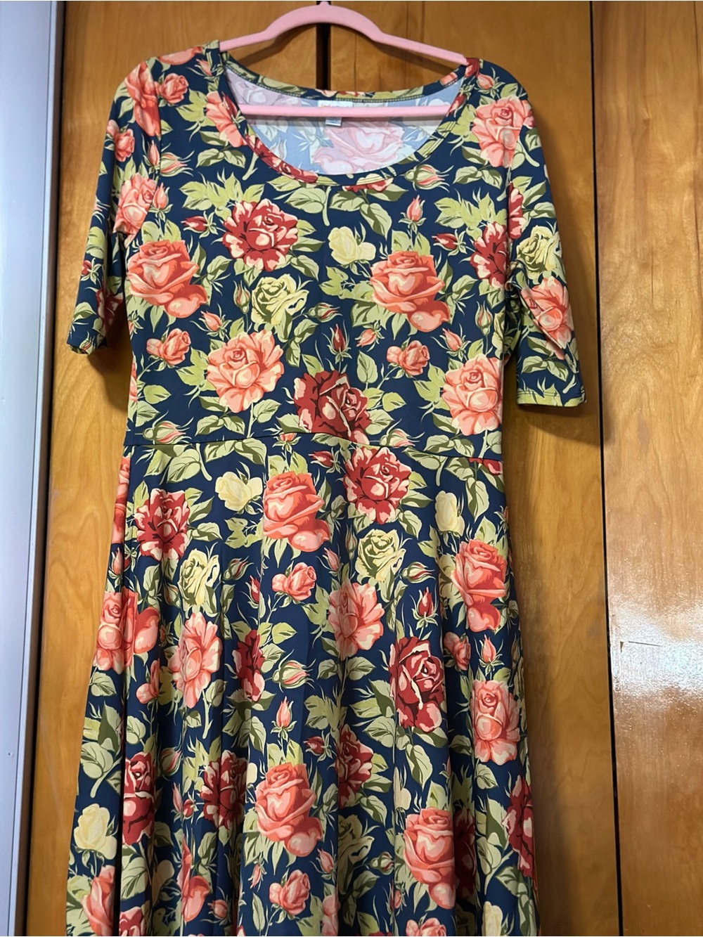 LuLaRoe Navy Floral Midi Dress with Coral and Cream Roses